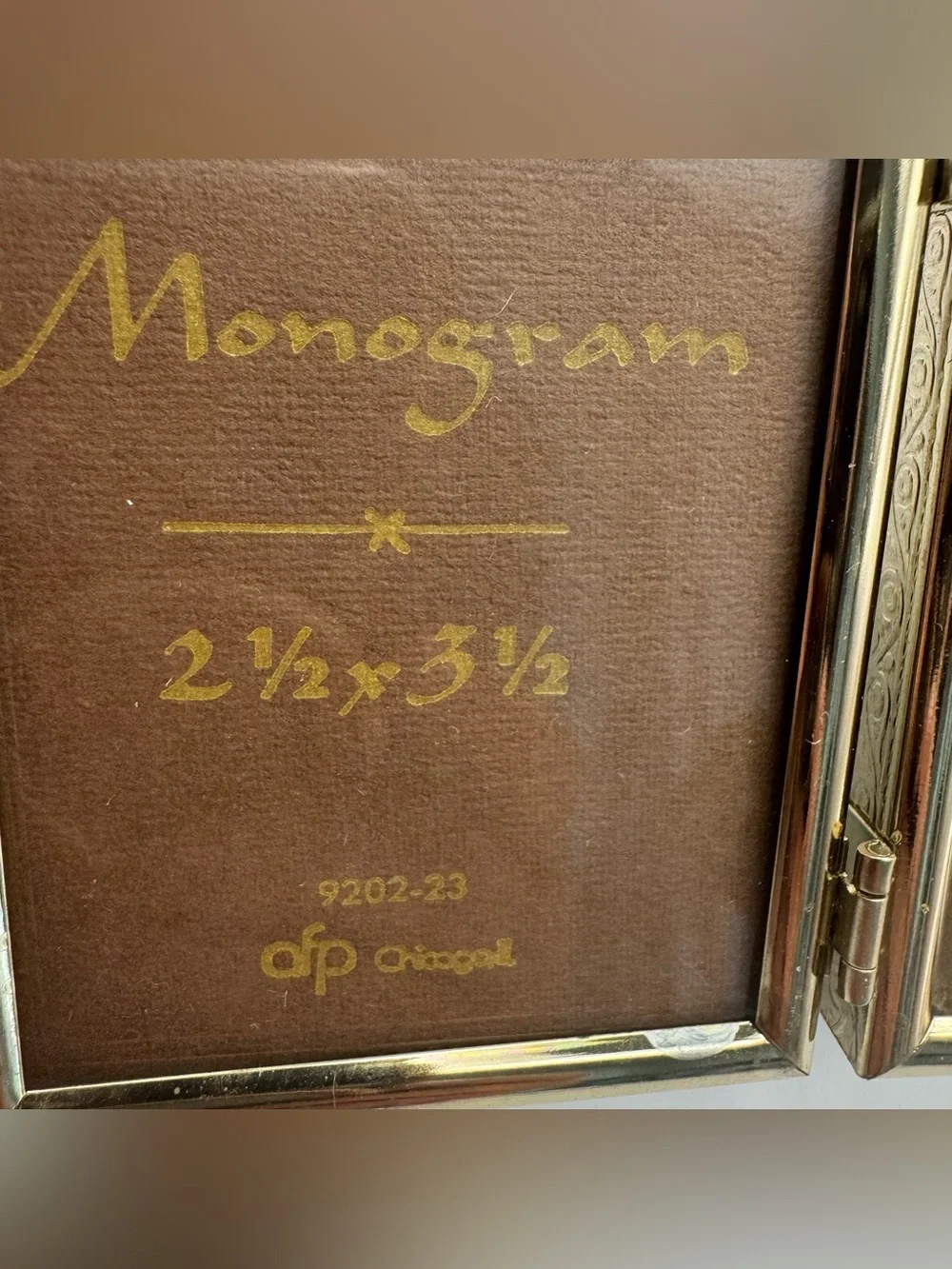 Vintage Monogram Brass Tone Double Hinged Picture Frame 2.5x3.5 Folding Photo